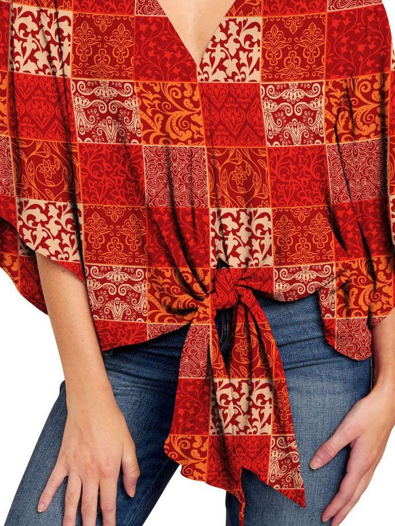 V-neck Mid-sleeve Knotted Print Top - Blouses - INS | Online Fashion Free Shipping Clothing, Dresses, Tops, Shoes - 08/06/2021 - BLO2106080050 - Blouses