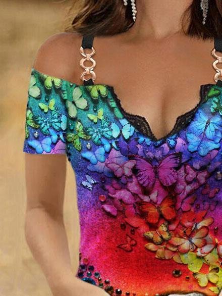 V-neck Multi-print Short-sleeved Suspender Top - T-shirts - INS | Online Fashion Free Shipping Clothing, Dresses, Tops, Shoes - 05/06/2021 - Color_Brown - Color_Green