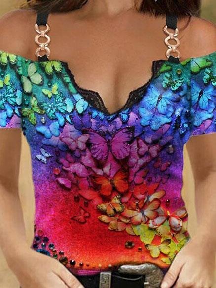 V-neck Multi-print Short-sleeved Suspender Top - T-shirts - INS | Online Fashion Free Shipping Clothing, Dresses, Tops, Shoes - 05/06/2021 - Color_Brown - Color_Green