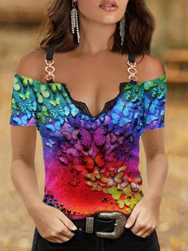 V-neck Multi-print Short-sleeved Suspender Top - T-shirts - INS | Online Fashion Free Shipping Clothing, Dresses, Tops, Shoes - 05/06/2021 - Color_Brown - Color_Green