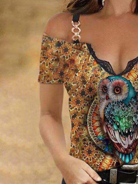 V-neck Multi-print Short-sleeved Suspender Top - T-shirts - INS | Online Fashion Free Shipping Clothing, Dresses, Tops, Shoes - 05/06/2021 - Color_Brown - Color_Green