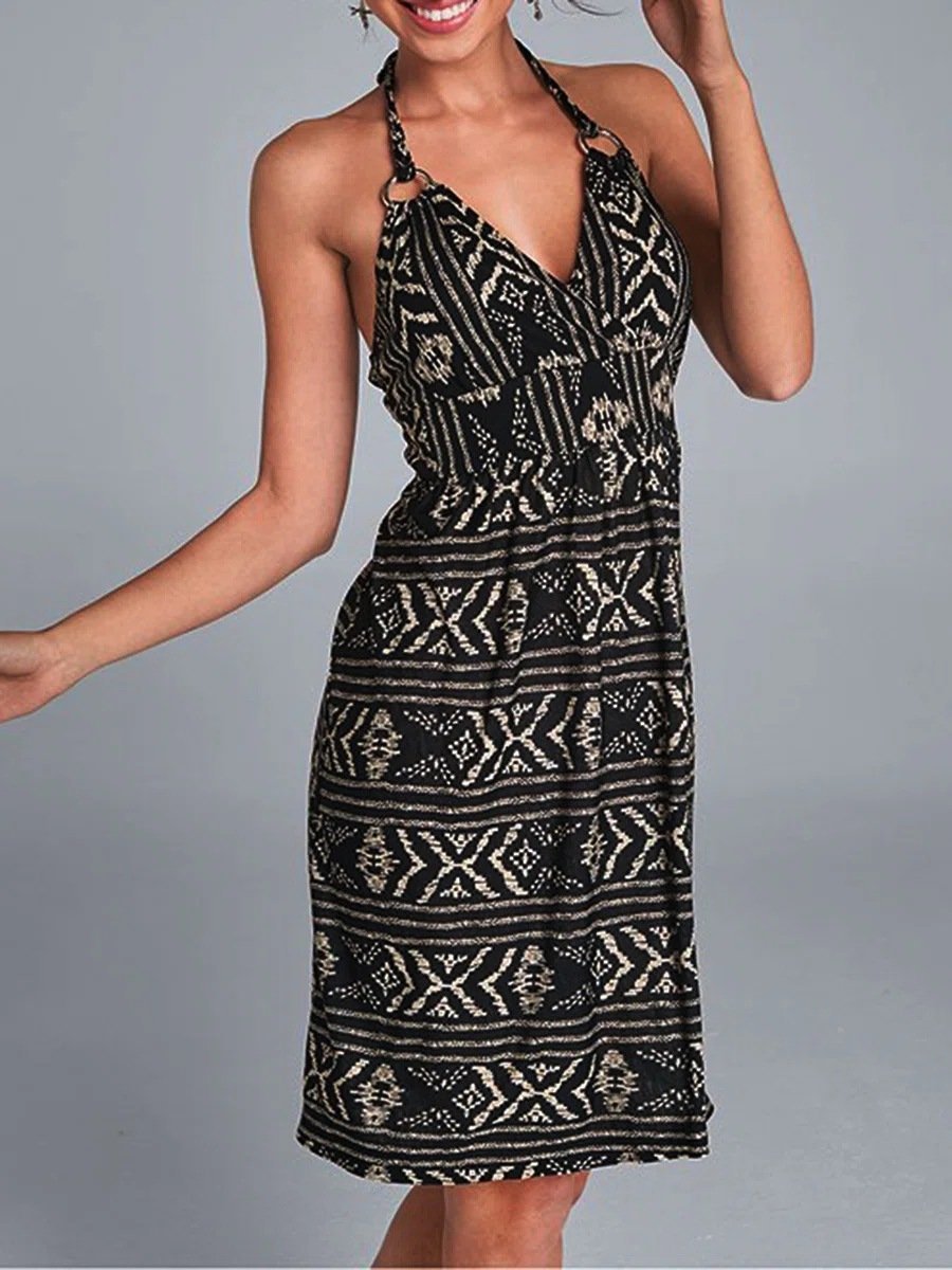 V-Neck Printed Halterneck Sleeveless Dress - Mini Dresses - INS | Online Fashion Free Shipping Clothing, Dresses, Tops, Shoes - 20-30 - 21/06/2021 - Category_Mini Dresses