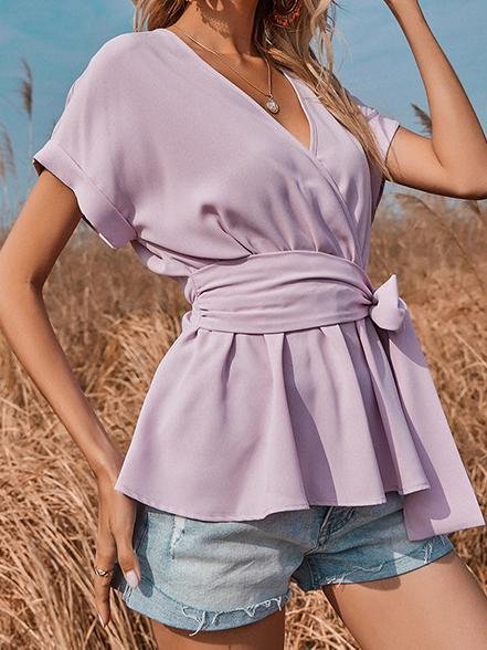 V-neck Short-sleeved Solid Loose Blouse - Blouses - INS | Online Fashion Free Shipping Clothing, Dresses, Tops, Shoes - 18/06/2021 - 20-30 - BLO2106180119
