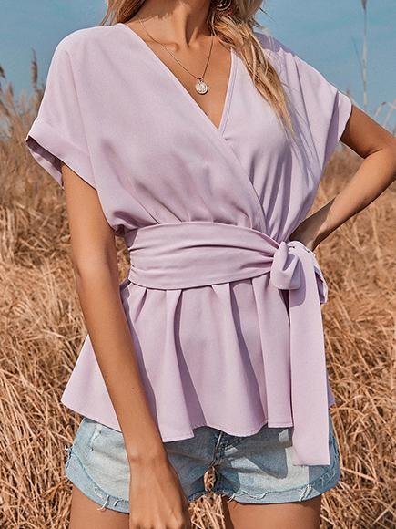 V-neck Short-sleeved Solid Loose Blouse - Blouses - INS | Online Fashion Free Shipping Clothing, Dresses, Tops, Shoes - 18/06/2021 - 20-30 - BLO2106180119