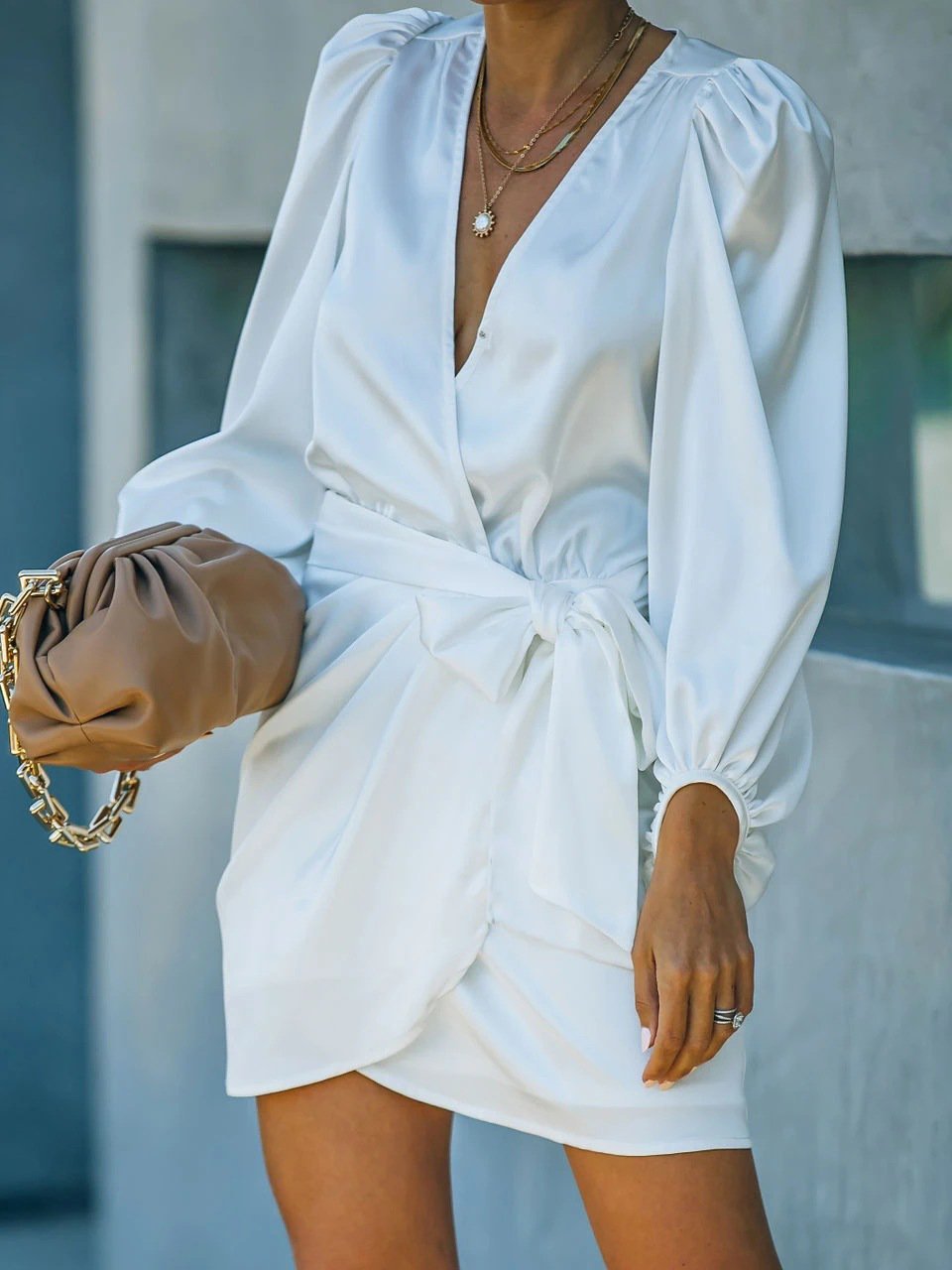 V-Neck Slim Lantern Sleeve Mini Dress - Mini Dresses - INS | Online Fashion Free Shipping Clothing, Dresses, Tops, Shoes - 28/06/2021 - 30-40 - Category_Mini Dresses