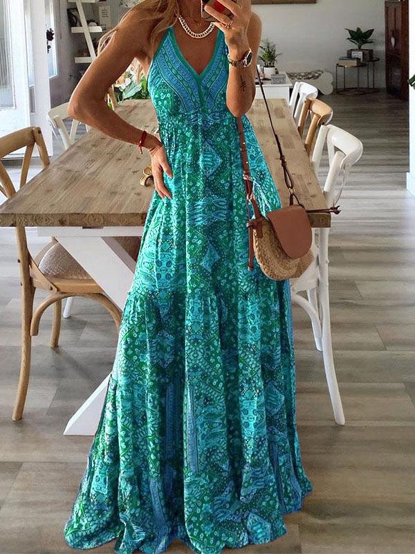 V-neck Strap Bohemian Holiday Print Dress - Maxi Dresses - INS | Online Fashion Free Shipping Clothing, Dresses, Tops, Shoes - 15/07/2021 - 30-40 - Category_Maxi Dresses