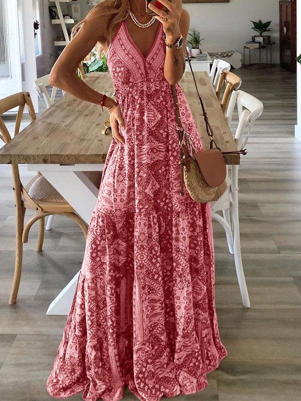 V-neck Strap Bohemian Holiday Print Dress - Maxi Dresses - INS | Online Fashion Free Shipping Clothing, Dresses, Tops, Shoes - 15/07/2021 - 30-40 - Category_Maxi Dresses
