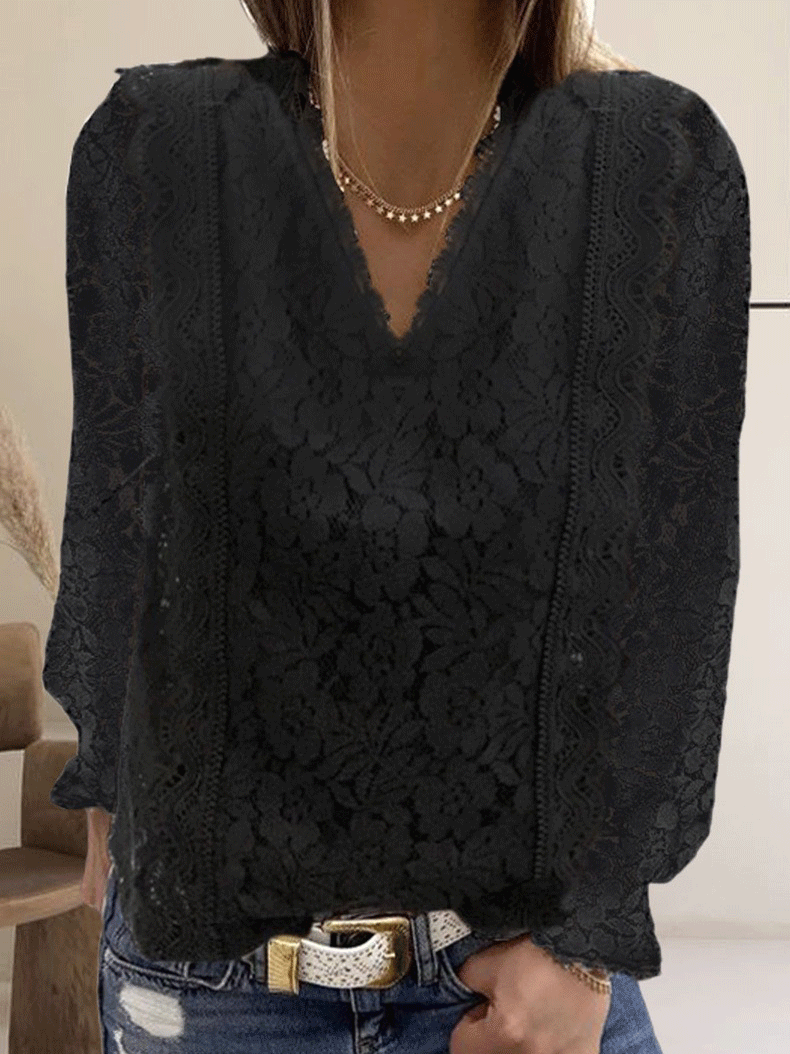 Women's Blouse Casual Solid Lace V-Neck Long Sleeve Blouse - Blouses - INS | Online Fashion Free Shipping Clothing, Dresses, Tops, Shoes - 20-30 - 21/10/2021 - BLO2110211375