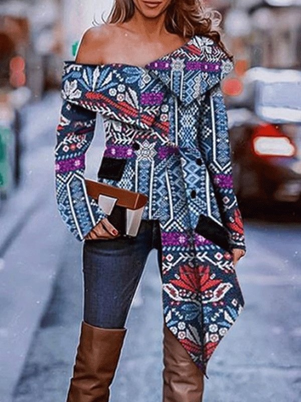 Women's Blouse Irregular Print Off Shoulder Long Sleeve Blouses - Blouses - INS | Online Fashion Free Shipping Clothing, Dresses, Tops, Shoes - 28/09/2021 - 40-50 - BLO2109281358