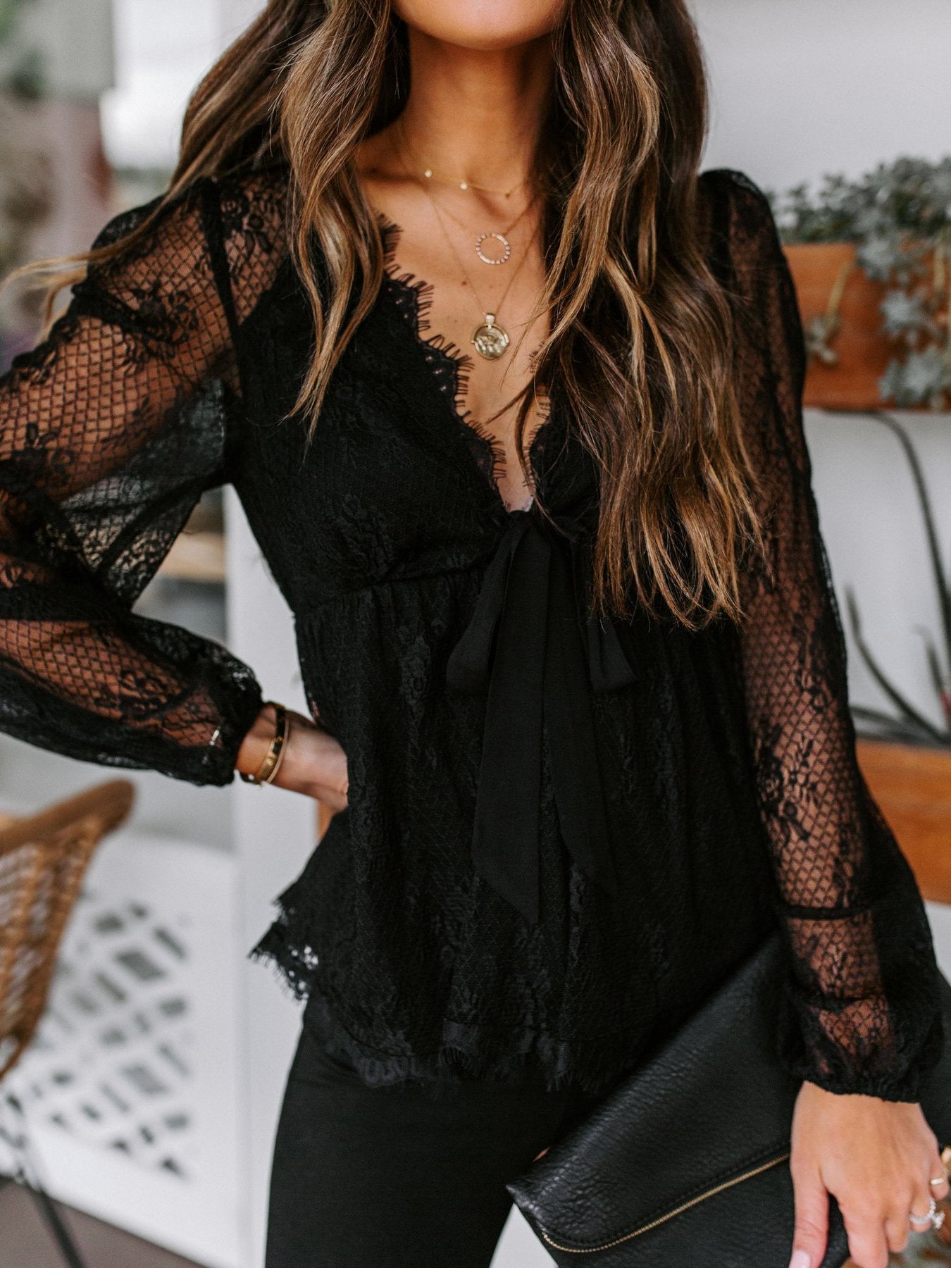 Women's Blouse Lace Embroidery Stitching Bow Tie Long Sleeves Blouse - Blouses - INS | Online Fashion Free Shipping Clothing, Dresses, Tops, Shoes - 09/11/2021 - 20-30 - BLO2111091419