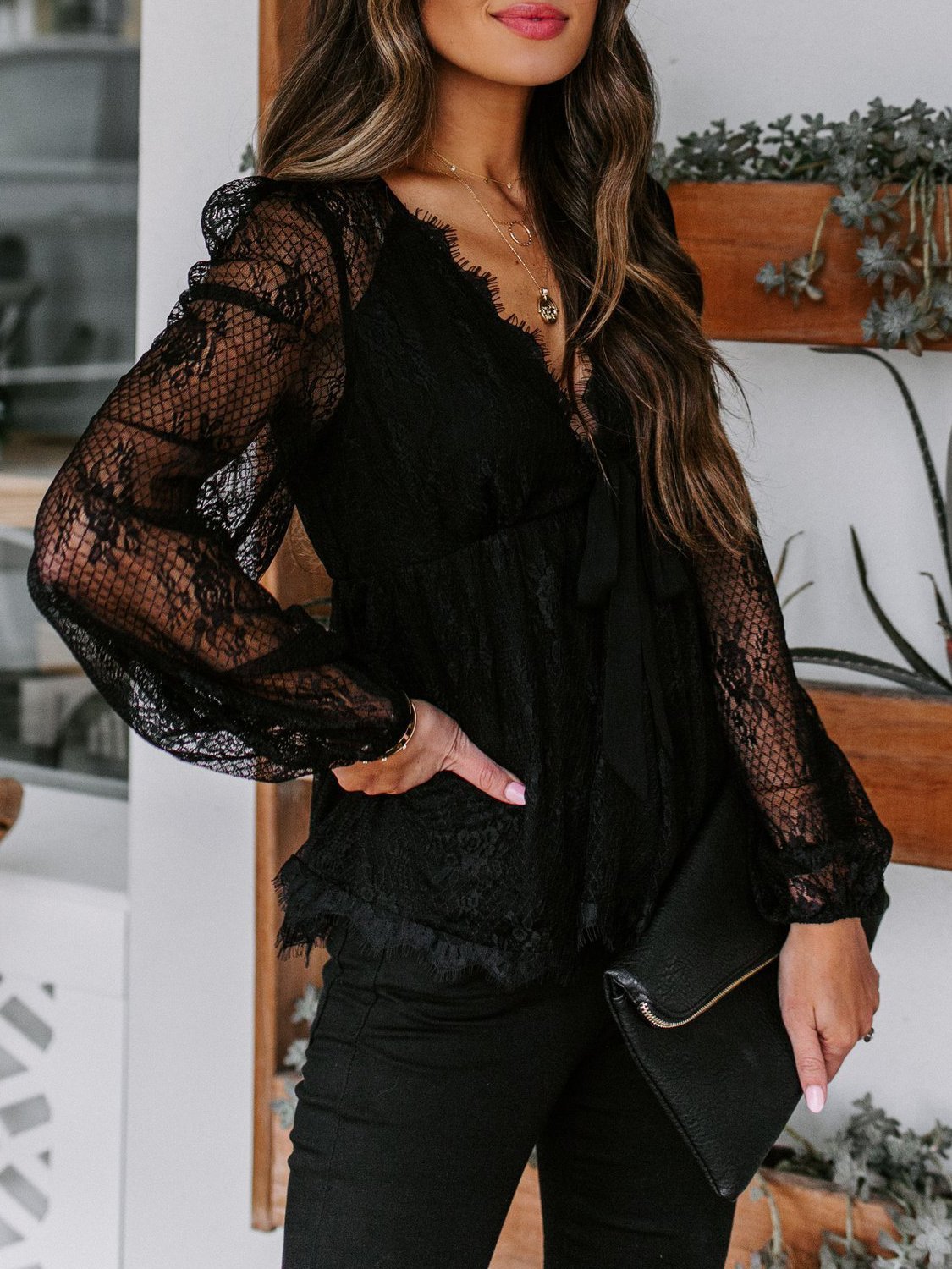 Women's Blouse Lace Embroidery Stitching Bow Tie Long Sleeves Blouse - Blouses - INS | Online Fashion Free Shipping Clothing, Dresses, Tops, Shoes - 09/11/2021 - 20-30 - BLO2111091419