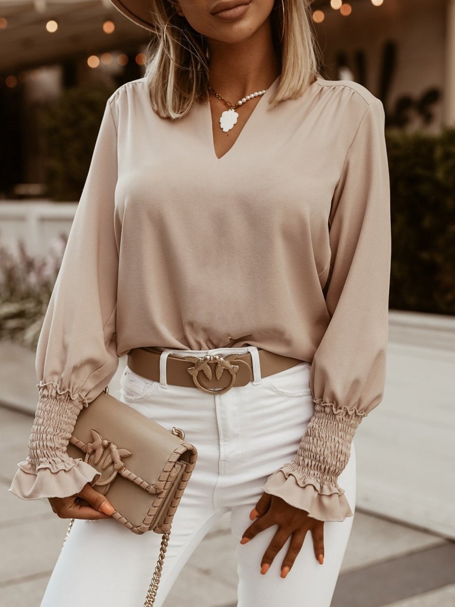 Women's Blouse Pure Simple V-Neck Long Sleeve Blouse - Blouses - INS | Online Fashion Free Shipping Clothing, Dresses, Tops, Shoes - 06/11/2021 - 20-30 - BLO2111061415