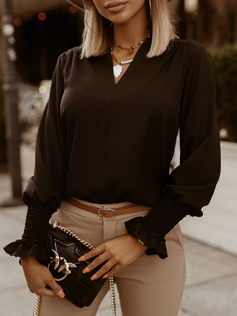 Women's Blouse Pure Simple V-Neck Long Sleeve Blouse - Blouses - INS | Online Fashion Free Shipping Clothing, Dresses, Tops, Shoes - 06/11/2021 - 20-30 - BLO2111061415