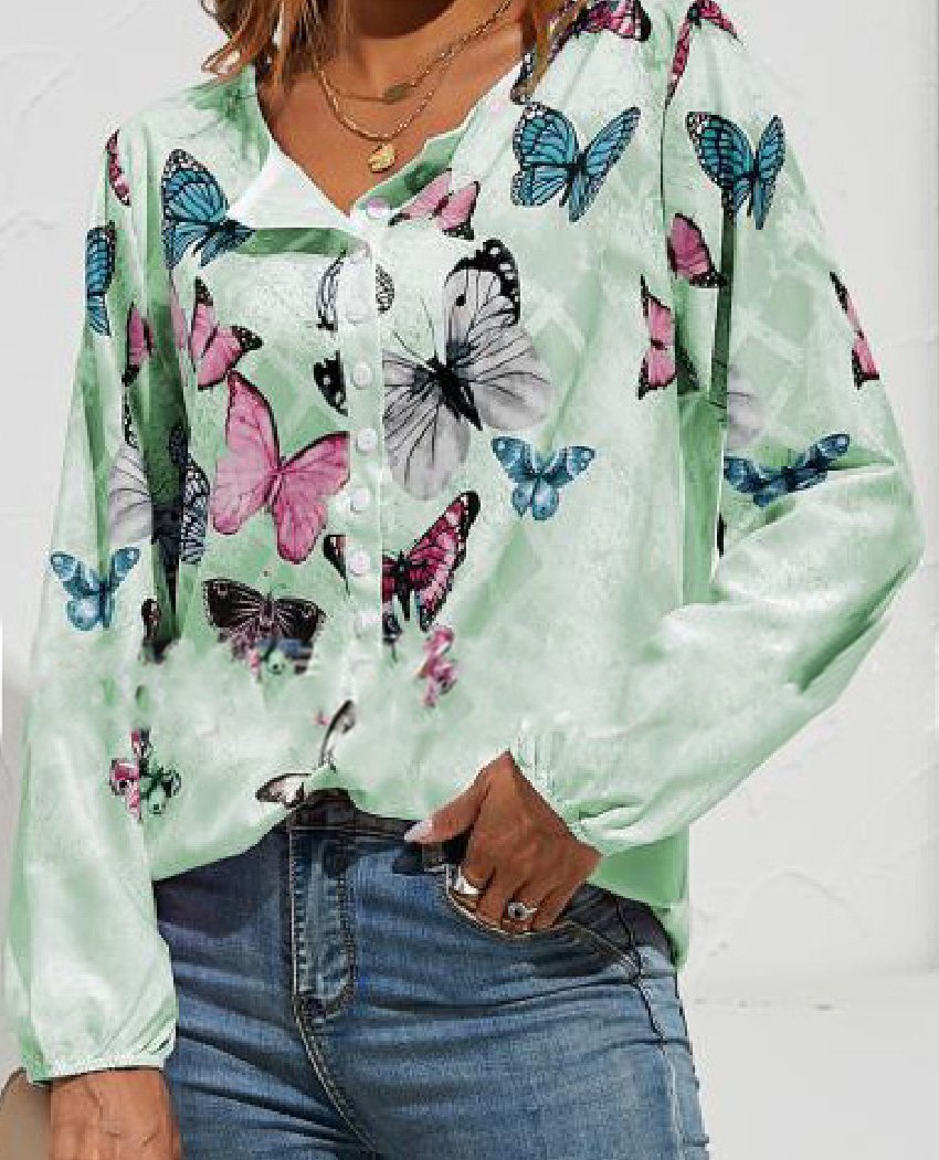 Women's Blouses Butterfly Print V-Neck Button Long Sleeve Blouse - Blouses - Instastyled | Online Fashion Free Shipping Clothing, Dresses, Tops, Shoes - 13/12/2021 - 20-30 - BLO2112131481
