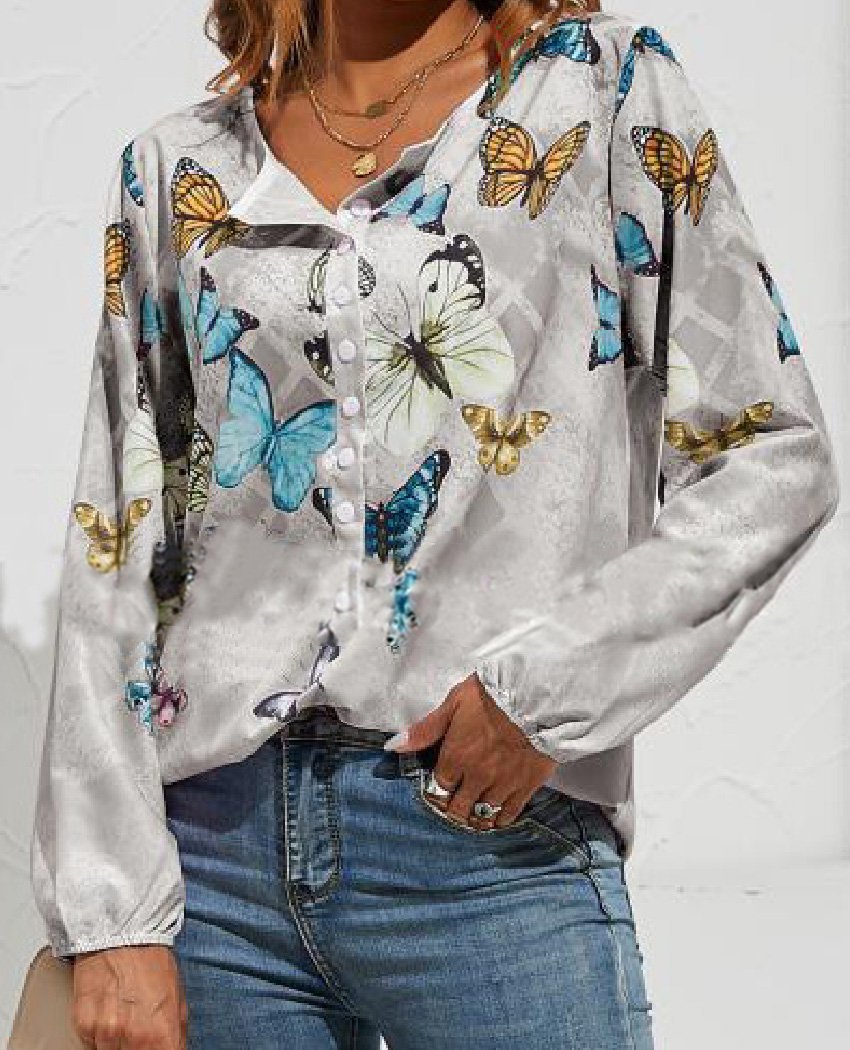 Women's Blouses Butterfly Print V-Neck Button Long Sleeve Blouse - Blouses - Instastyled | Online Fashion Free Shipping Clothing, Dresses, Tops, Shoes - 13/12/2021 - 20-30 - BLO2112131481