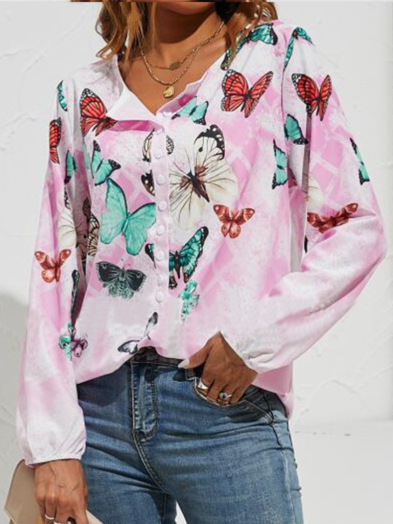 Women's Blouses Butterfly Print V-Neck Button Long Sleeve Blouse - Blouses - Instastyled | Online Fashion Free Shipping Clothing, Dresses, Tops, Shoes - 13/12/2021 - 20-30 - BLO2112131481