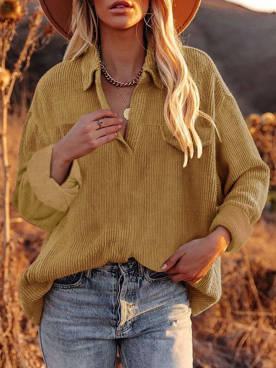 Women's Blouses Corduroy Lapel Long Sleeve Casual Blouse - Blouses - INS | Online Fashion Free Shipping Clothing, Dresses, Tops, Shoes - 18/11/2021 - 20-30 - BLO2111181441