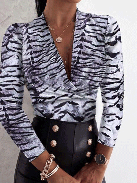 Women's Blouses Deep V-Neck Leopard Print Long Sleeve Blouse - Blouses - INS | Online Fashion Free Shipping Clothing, Dresses, Tops, Shoes - 05/11/2021 - 20-30 - BLO2111051411