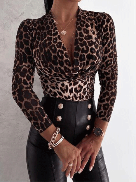 Women's Blouses Deep V-Neck Leopard Print Long Sleeve Blouse - Blouses - INS | Online Fashion Free Shipping Clothing, Dresses, Tops, Shoes - 05/11/2021 - 20-30 - BLO2111051411