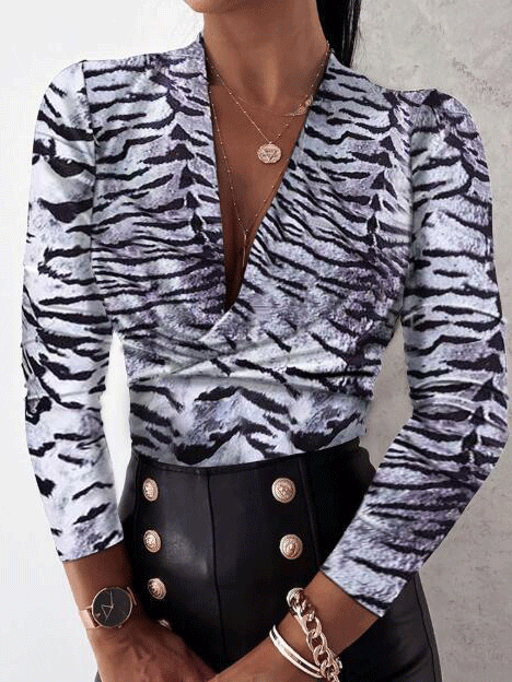 Women's Blouses Deep V-Neck Leopard Print Long Sleeve Blouse - Blouses - INS | Online Fashion Free Shipping Clothing, Dresses, Tops, Shoes - 05/11/2021 - 20-30 - BLO2111051411