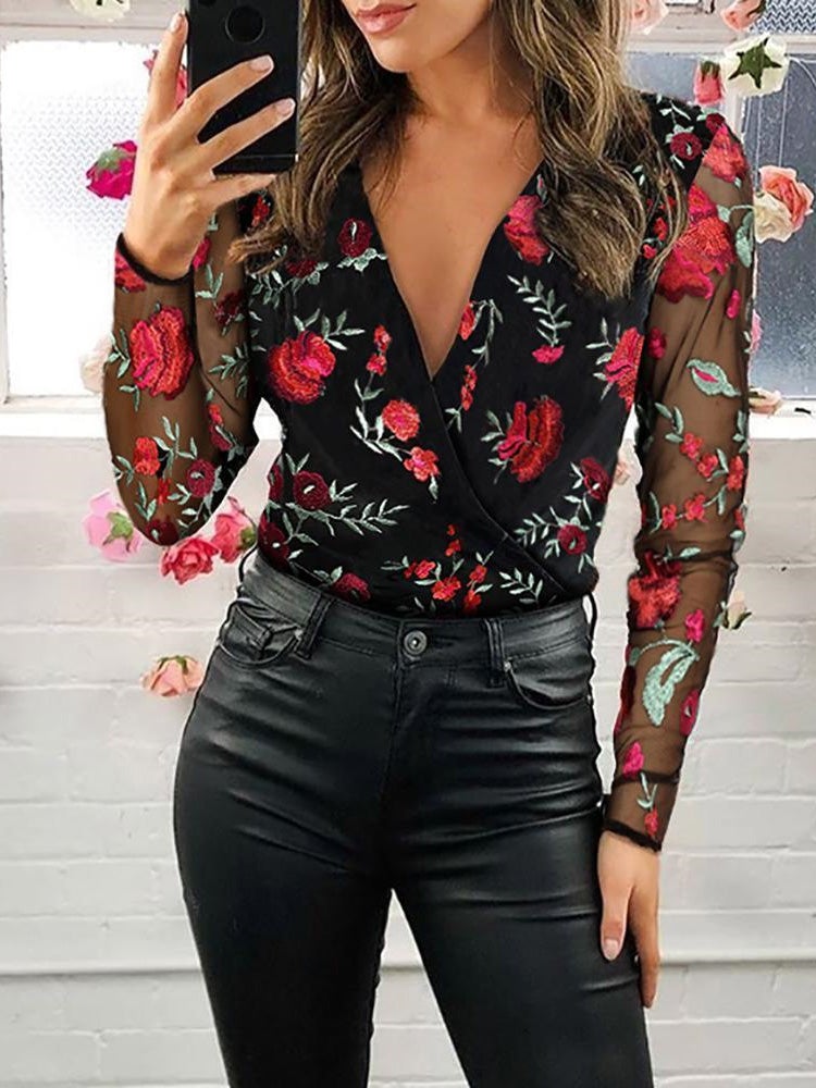 Women's Blouses Embroidered V-Neck Mesh Long Sleeve Blouse - Blouses - Instastyled | Online Fashion Free Shipping Clothing, Dresses, Tops, Shoes - 30-40 - 30/12/2021 - BLO2112301517