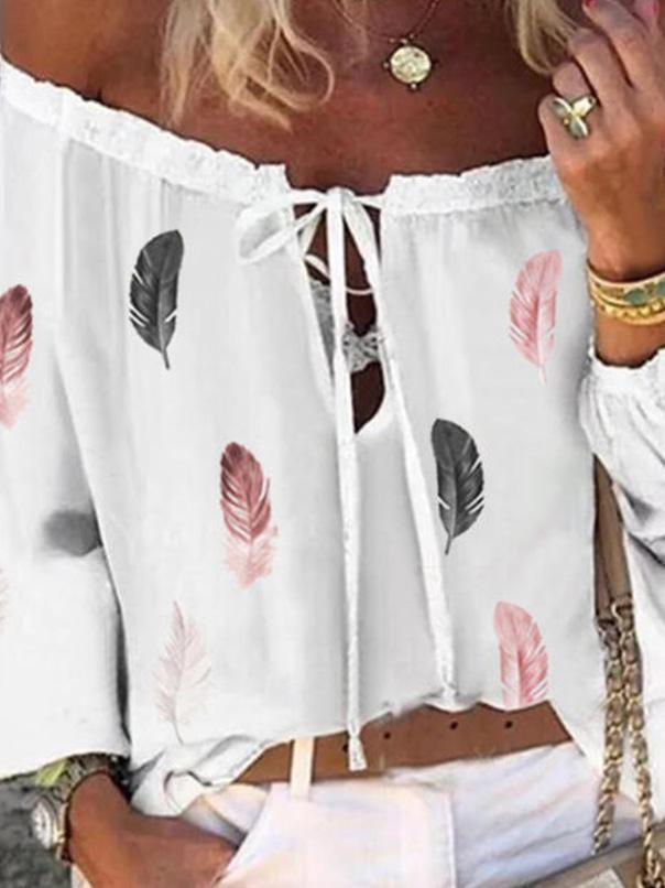 Women's Blouses Feather Print Boat Neck Long Sleeve Chiffon Blouses - Blouses - INS | Online Fashion Free Shipping Clothing, Dresses, Tops, Shoes - 16/09/2021 - 20-30 - BLO2109161334