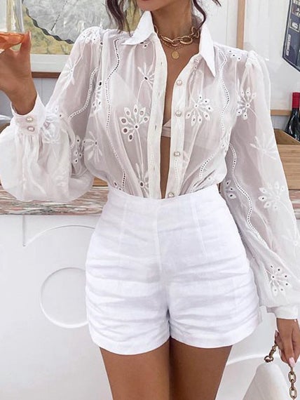 Women's Blouses Lapel Embroidered Crochet Puff Long Sleeve Blouse - Blouses - Instastyled | Online Fashion Free Shipping Clothing, Dresses, Tops, Shoes - 18/01/2022 - 40-50 - BLO2201181550
