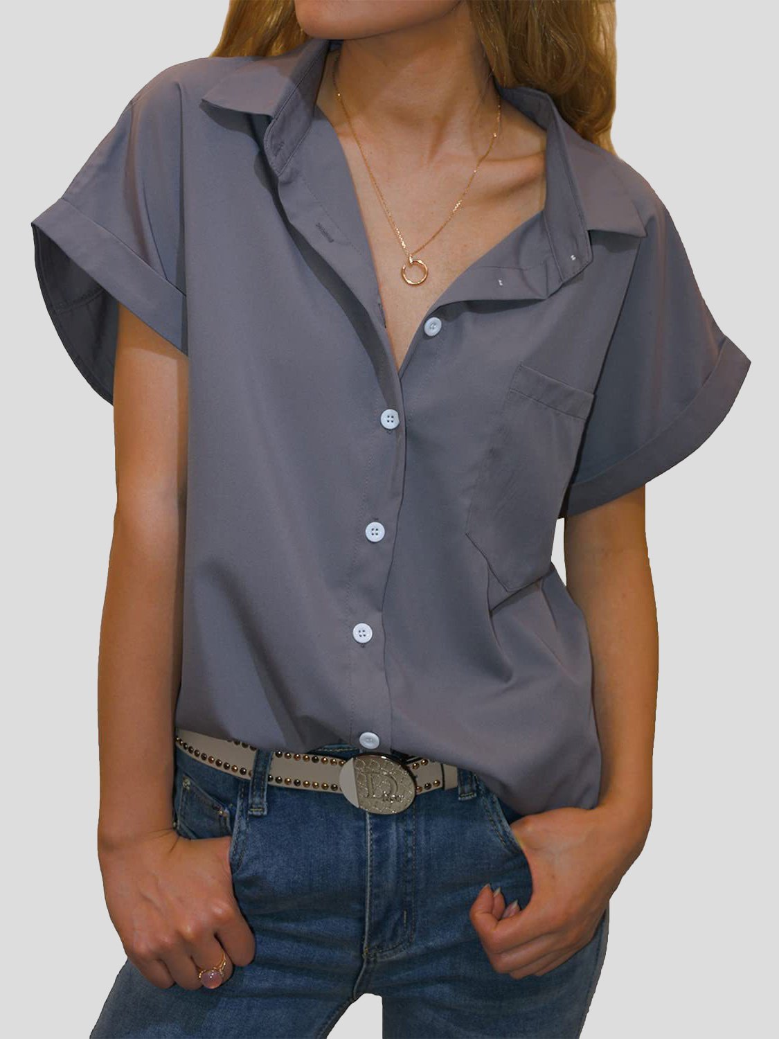 Women's Blouses Lapel Pocket Button Short Sleeve Blouse - Blouses - Instastyled | Online Fashion Free Shipping Clothing, Dresses, Tops, Shoes - 15/12/2021 - BLO2112151489 - Blouses