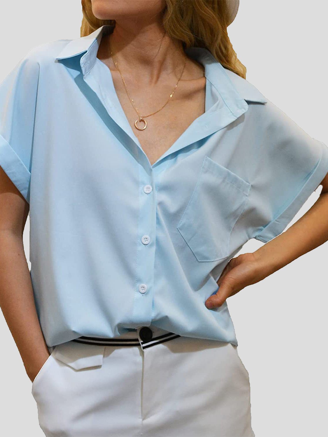 Women's Blouses Lapel Pocket Button Short Sleeve Blouse - Blouses - Instastyled | Online Fashion Free Shipping Clothing, Dresses, Tops, Shoes - 15/12/2021 - BLO2112151489 - Blouses