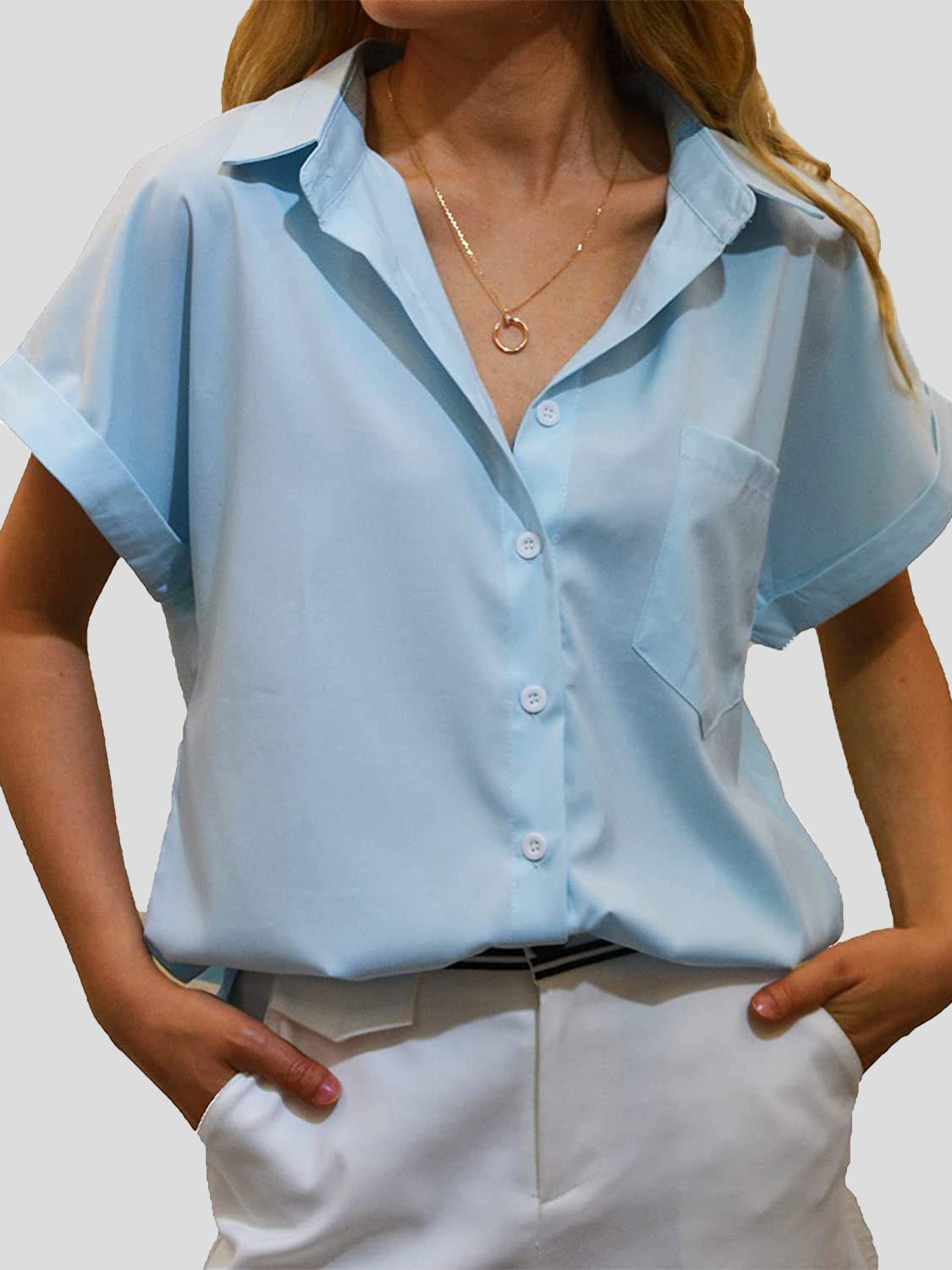 Women's Blouses Lapel Pocket Button Short Sleeve Blouse - Blouses - Instastyled | Online Fashion Free Shipping Clothing, Dresses, Tops, Shoes - 15/12/2021 - BLO2112151489 - Blouses