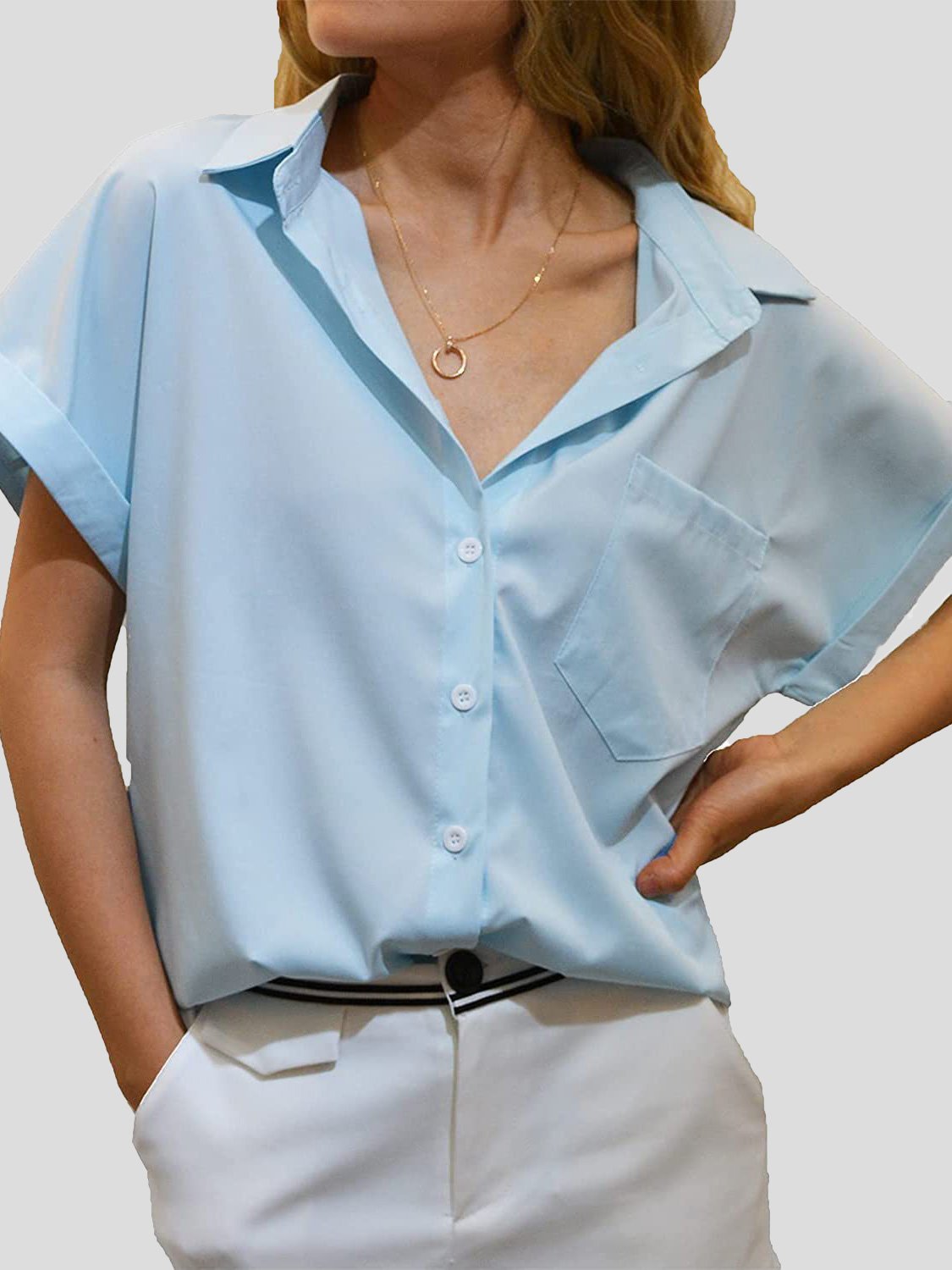 Women's Blouses Lapel Pocket Button Short Sleeve Blouse - Blouses - Instastyled | Online Fashion Free Shipping Clothing, Dresses, Tops, Shoes - 15/12/2021 - BLO2112151489 - Blouses