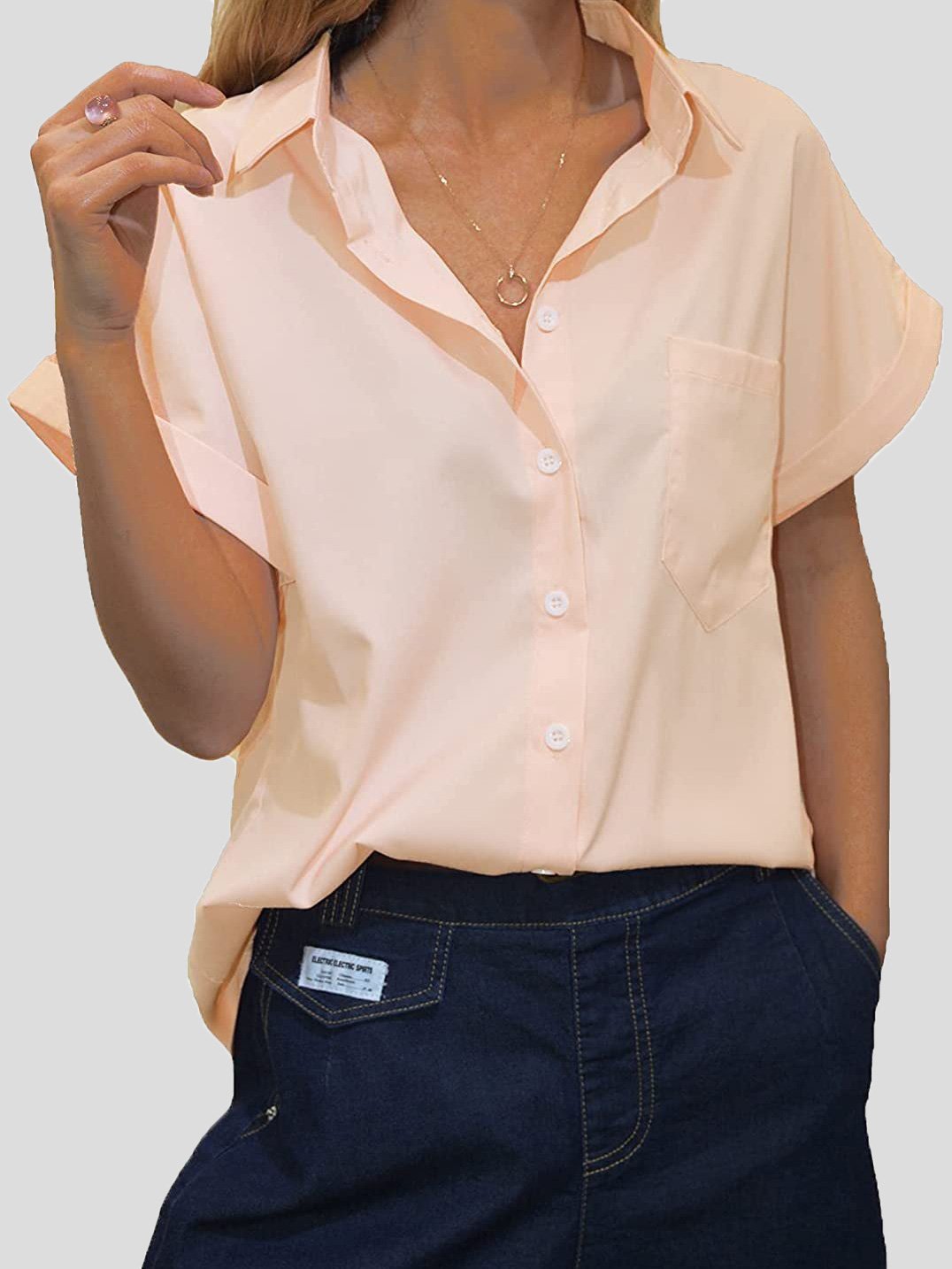 Women's Blouses Lapel Pocket Button Short Sleeve Blouse - Blouses - Instastyled | Online Fashion Free Shipping Clothing, Dresses, Tops, Shoes - 15/12/2021 - BLO2112151489 - Blouses