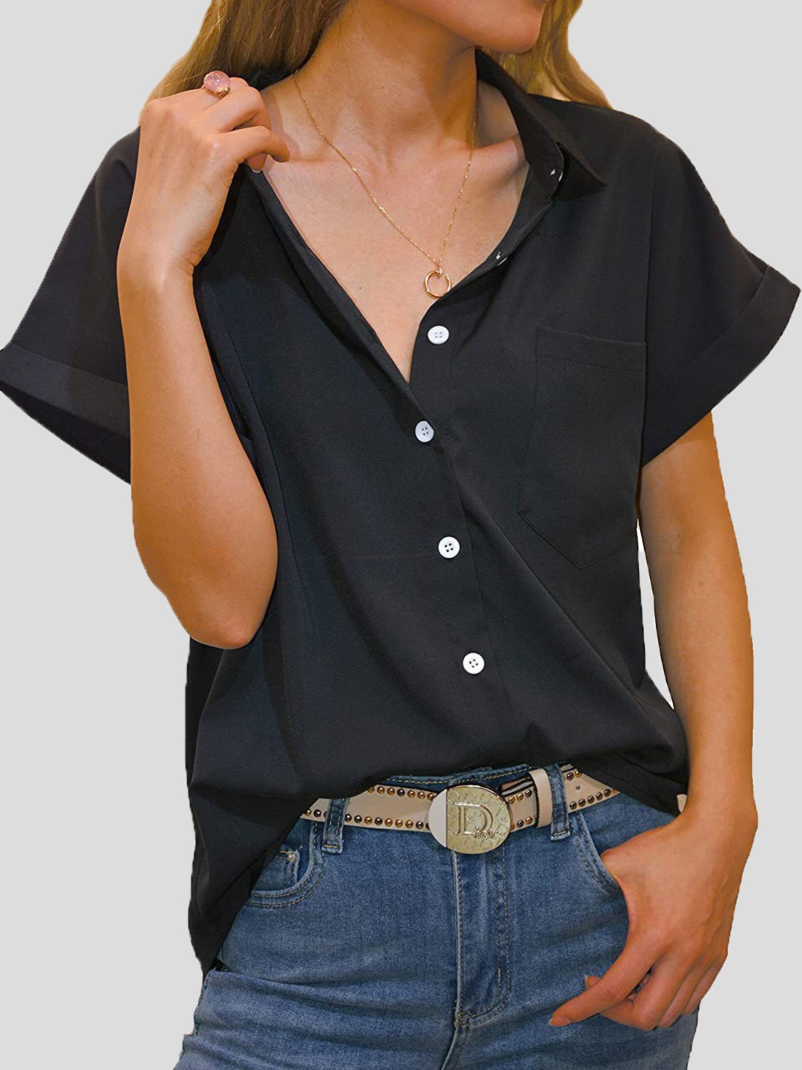 Women's Blouses Lapel Pocket Button Short Sleeve Blouse - Blouses - Instastyled | Online Fashion Free Shipping Clothing, Dresses, Tops, Shoes - 15/12/2021 - BLO2112151489 - Blouses