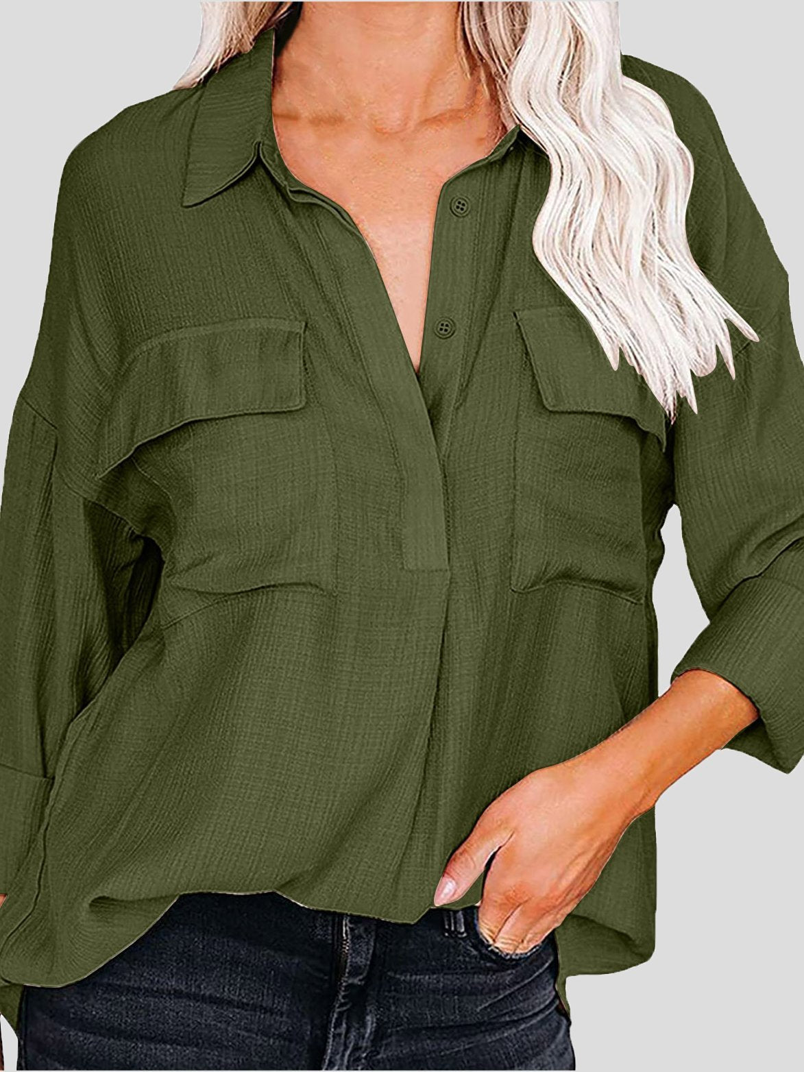 Women's Blouses Lapel Solid Button Pocket Long Sleeve Blouse - Blouses - INS | Online Fashion Free Shipping Clothing, Dresses, Tops, Shoes - 03/11/2021 - 20-30 - BLO2111031406