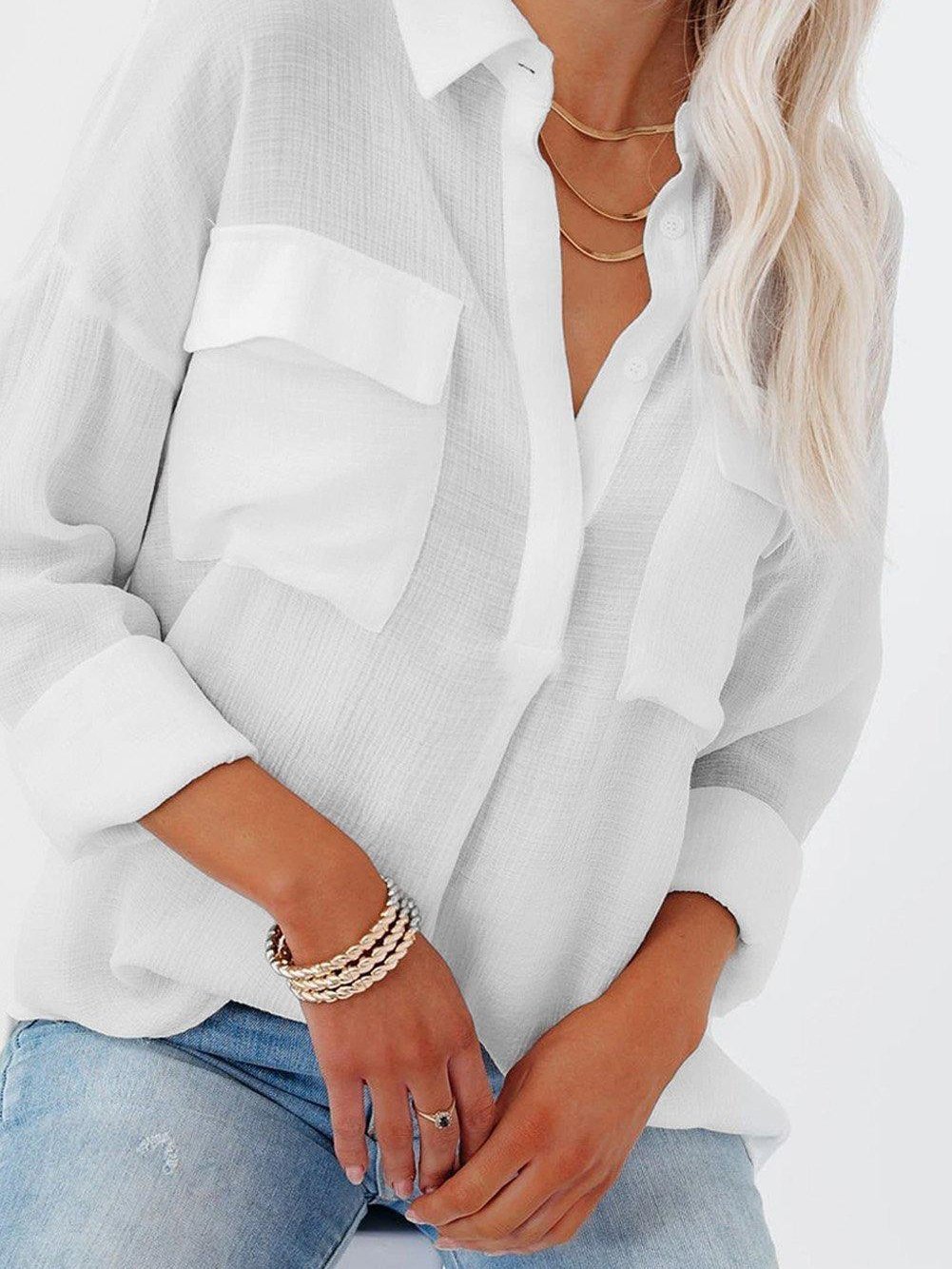 Women's Blouses Lapel Solid Button Pocket Long Sleeve Blouse - Blouses - INS | Online Fashion Free Shipping Clothing, Dresses, Tops, Shoes - 03/11/2021 - 20-30 - BLO2111031406