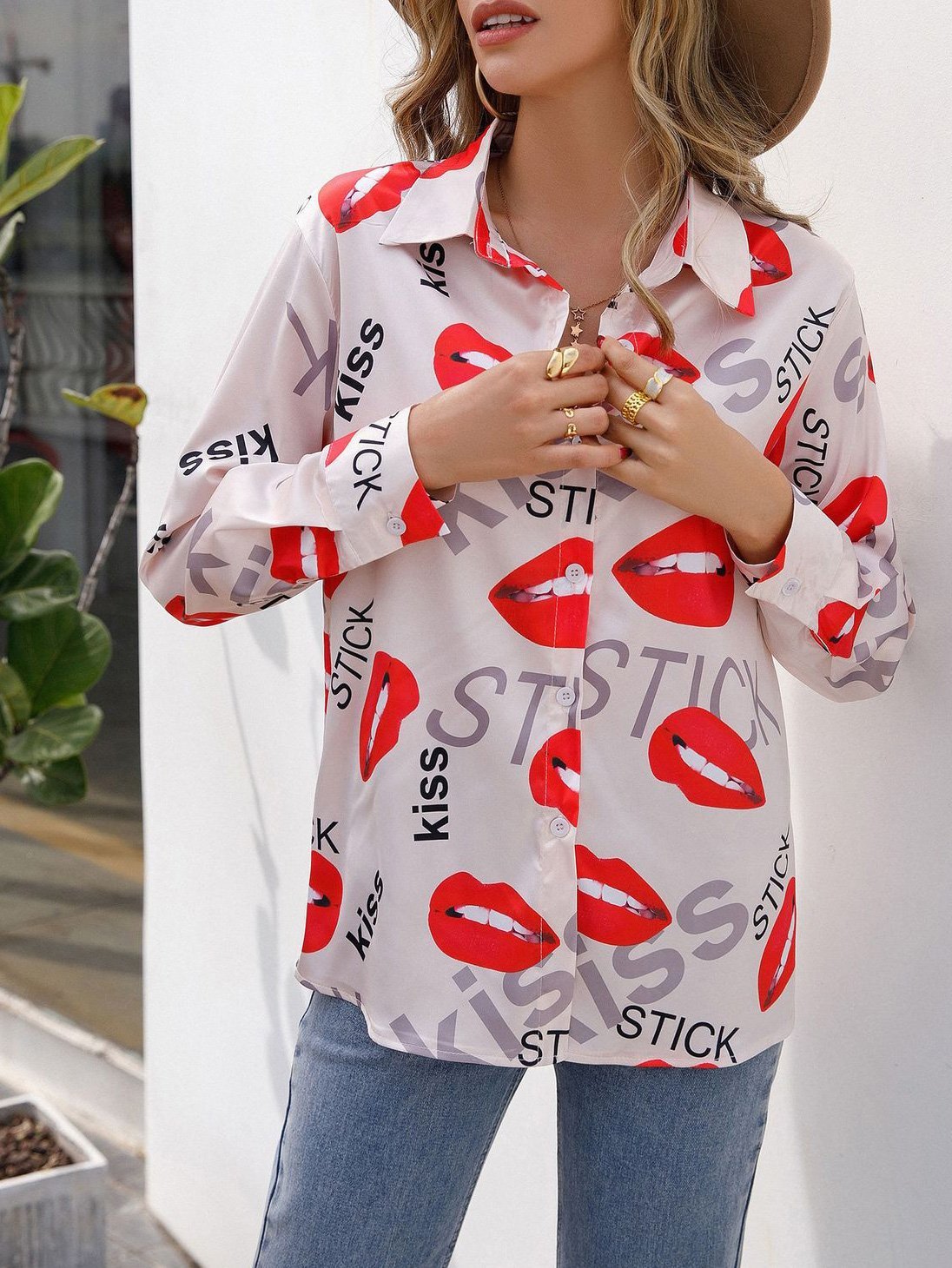Women's Blouses Lip Print Stand Collar Long Sleeve Blouse - Blouses - Instastyled | Online Fashion Free Shipping Clothing, Dresses, Tops, Shoes - 15/12/2021 - BLO2112151490 - Blouses