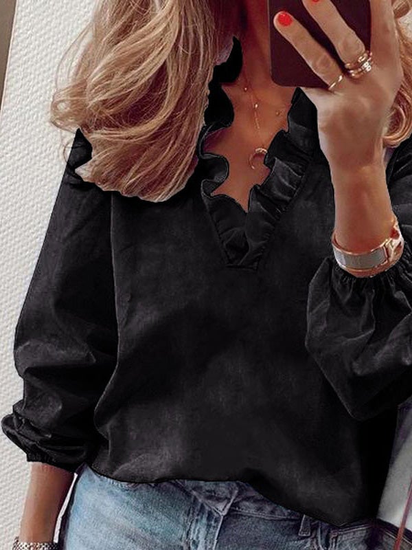 Women's Blouses Solid Ruffled Long Sleeve Blouse - Blouses - Instastyled | Online Fashion Free Shipping Clothing, Dresses, Tops, Shoes - 20-30 - 30/12/2021 - BLO2112301519