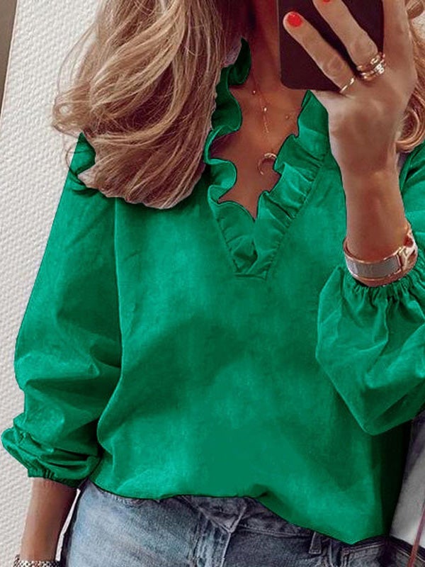 Women's Blouses Solid Ruffled Long Sleeve Blouse - Blouses - Instastyled | Online Fashion Free Shipping Clothing, Dresses, Tops, Shoes - 20-30 - 30/12/2021 - BLO2112301519