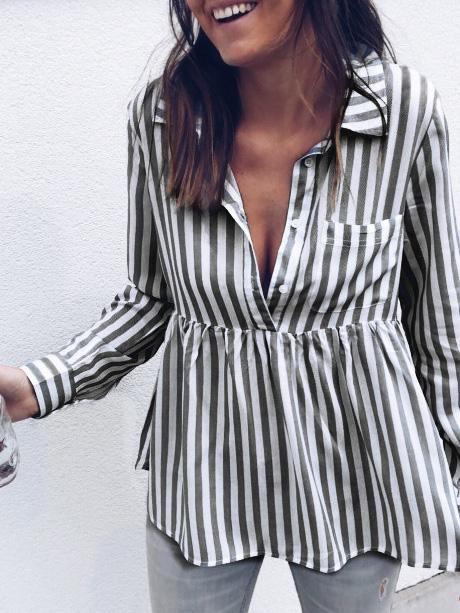 Women's Blouses Striped Button Pocket Long Sleeve Blouse - Blouses - INS | Online Fashion Free Shipping Clothing, Dresses, Tops, Shoes - 10-20 - 19/11/2021 - BLO2111191444