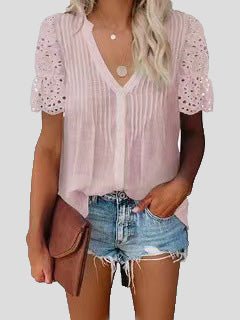 Women's Blouses V-Neck Lace Pleated Short Sleeve Blouse - Blouses - Instastyled | Online Fashion Free Shipping Clothing, Dresses, Tops, Shoes - 04/01/2022 - 30-40 - Blouses