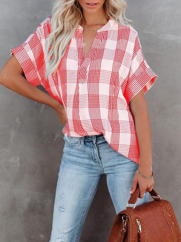 Women's Blouses V-Neck Plaid Short Sleeve Blouse - Blouses - INS | Online Fashion Free Shipping Clothing, Dresses, Tops, Shoes - 10/11/2021 - 20-30 - BLO2111111420