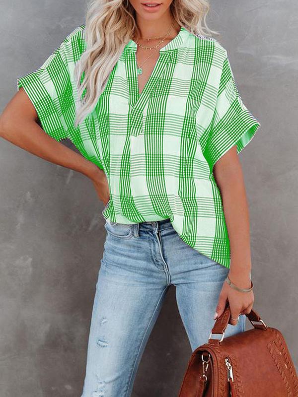 Women's Blouses V-Neck Plaid Short Sleeve Blouse - Blouses - INS | Online Fashion Free Shipping Clothing, Dresses, Tops, Shoes - 10/11/2021 - 20-30 - BLO2111111420