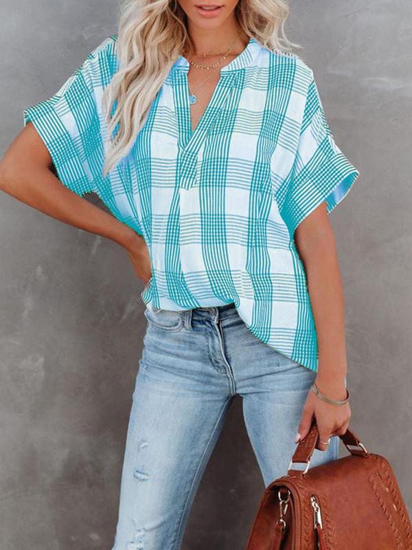 Women's Blouses V-Neck Plaid Short Sleeve Blouse - Blouses - INS | Online Fashion Free Shipping Clothing, Dresses, Tops, Shoes - 10/11/2021 - 20-30 - BLO2111111420