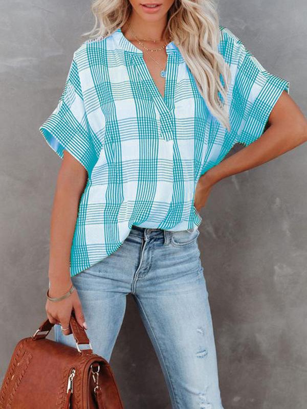 Women's Blouses V-Neck Plaid Short Sleeve Blouse - Blouses - INS | Online Fashion Free Shipping Clothing, Dresses, Tops, Shoes - 10/11/2021 - 20-30 - BLO2111111420