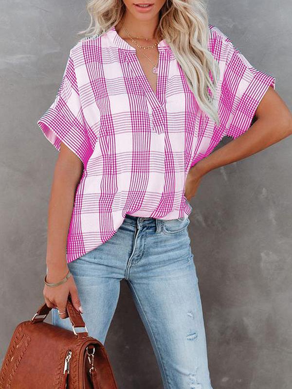 Women's Blouses V-Neck Plaid Short Sleeve Blouse - Blouses - INS | Online Fashion Free Shipping Clothing, Dresses, Tops, Shoes - 10/11/2021 - 20-30 - BLO2111111420