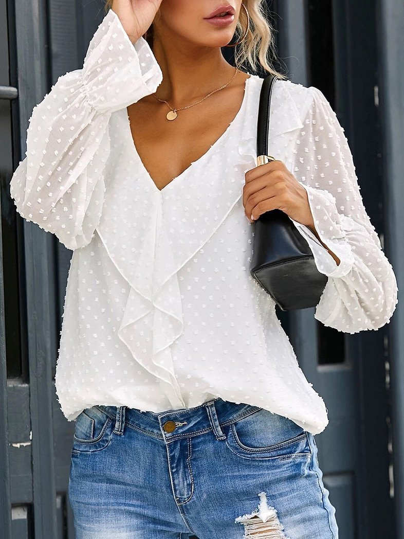Women's Blouses V-Neck Ruffle Lantern Sleeve Commuter Chiffon Blouses - Blouses - INS | Online Fashion Free Shipping Clothing, Dresses, Tops, Shoes - 20-30 - 24/08/2021 - BLO2108251316