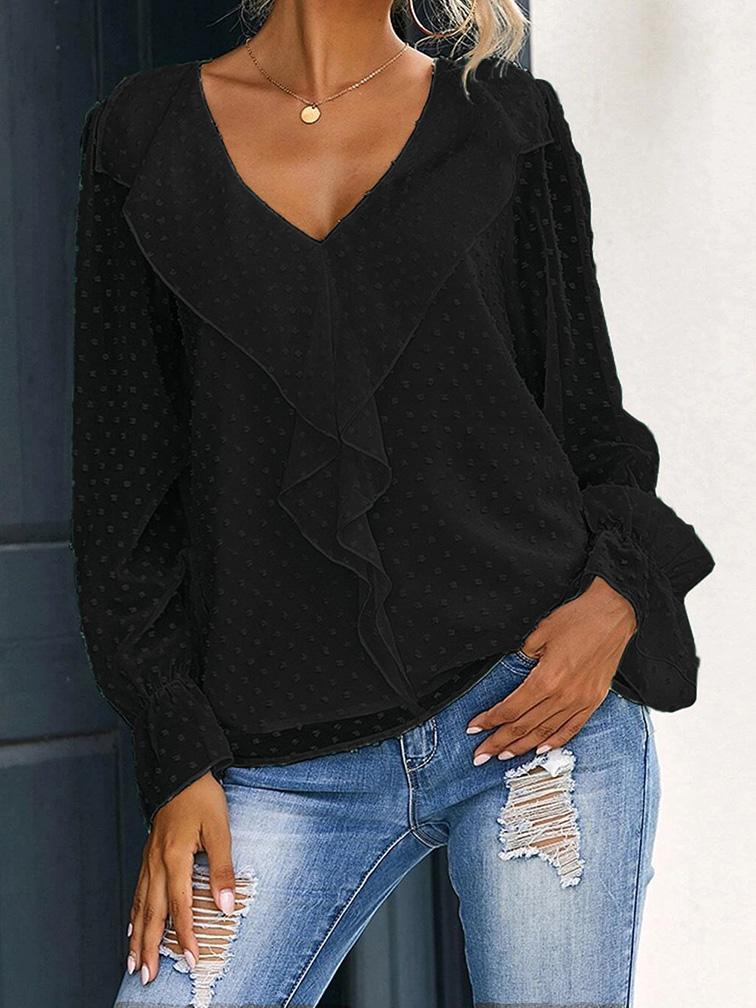 Women's Blouses V-Neck Ruffle Lantern Sleeve Commuter Chiffon Blouses - Blouses - INS | Online Fashion Free Shipping Clothing, Dresses, Tops, Shoes - 20-30 - 24/08/2021 - BLO2108251316