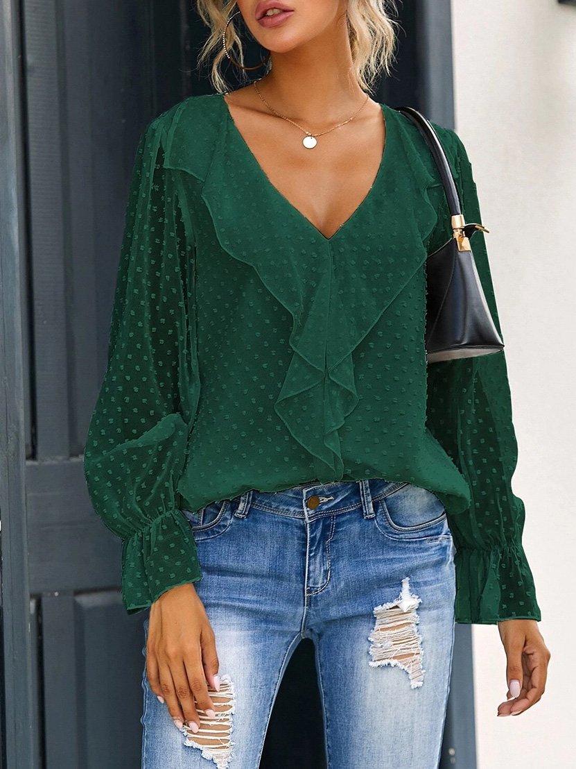 Women's Blouses V-Neck Ruffle Lantern Sleeve Commuter Chiffon Blouses - Blouses - INS | Online Fashion Free Shipping Clothing, Dresses, Tops, Shoes - 20-30 - 24/08/2021 - BLO2108251316