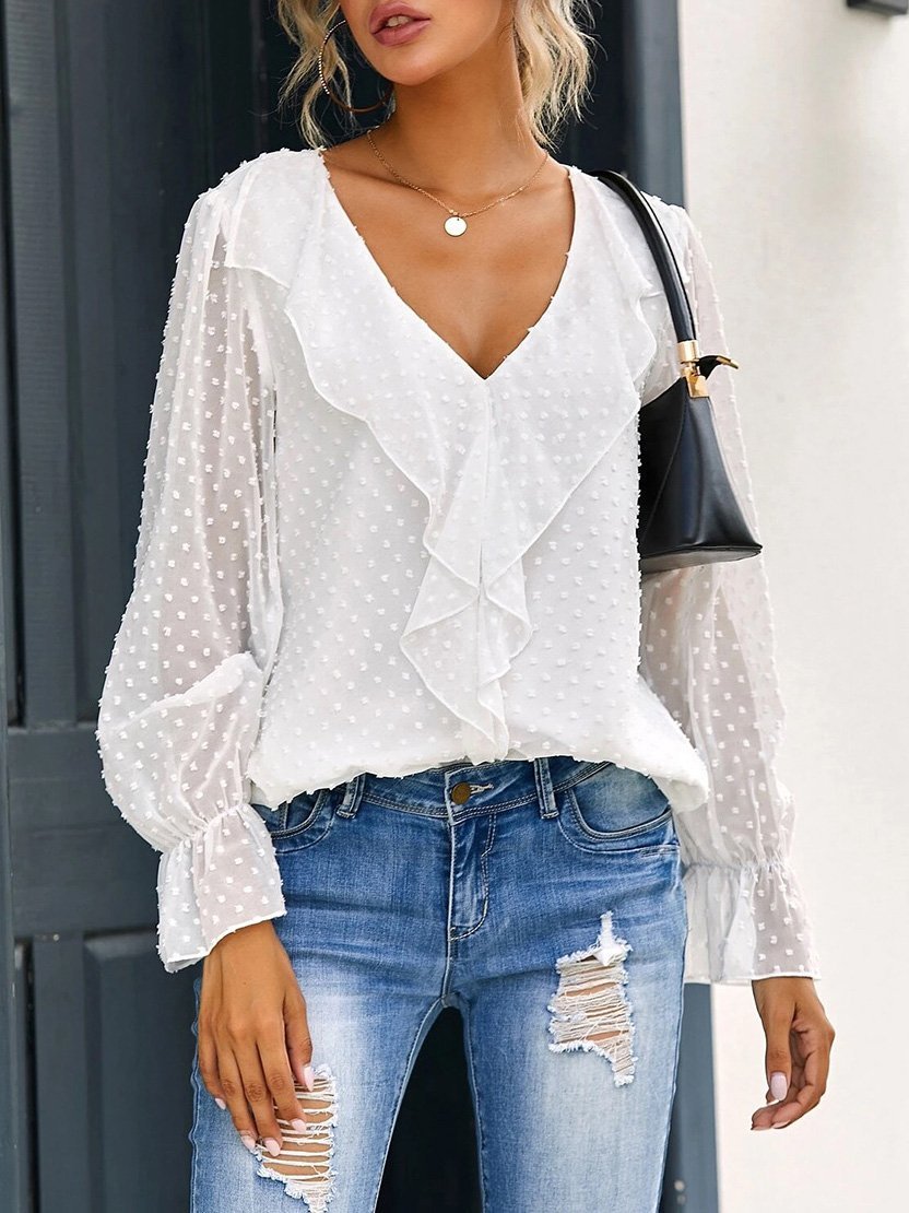 Women's Blouses V-Neck Ruffle Lantern Sleeve Commuter Chiffon Blouses - Blouses - INS | Online Fashion Free Shipping Clothing, Dresses, Tops, Shoes - 20-30 - 24/08/2021 - BLO2108251316
