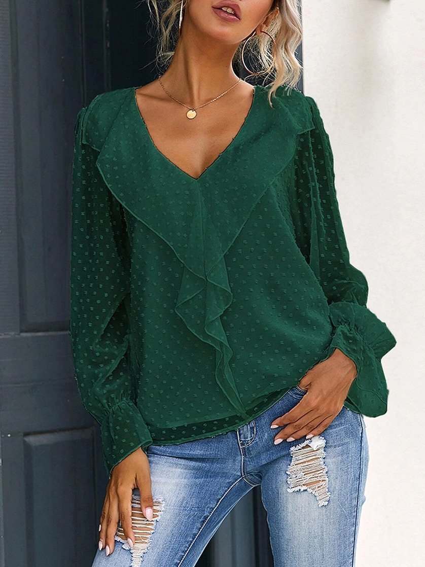 Women's Blouses V-Neck Ruffle Lantern Sleeve Commuter Chiffon Blouses - Blouses - INS | Online Fashion Free Shipping Clothing, Dresses, Tops, Shoes - 20-30 - 24/08/2021 - BLO2108251316
